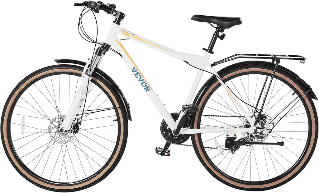 VEVOR Hybrid Bike, Lightweight Aluminum Frame Bike, 700c Wheel Men Women Hybrid Bicycle, Step-Over/Step-Through Adult Urban City Commuter Bikes, with 7/24 Speed, Alloy Adjustable Stem and Seat