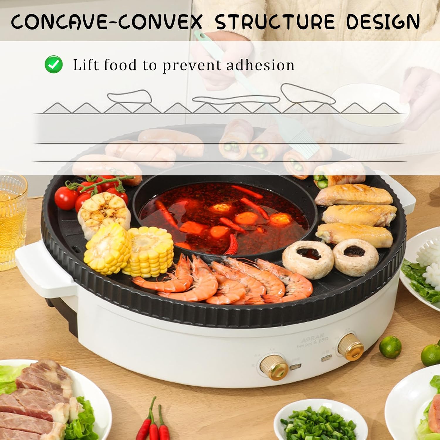 Household Electric Hot Pot with Grill, Teppanyaki Grill Pot and BBQ Pan, Independent Temperature Control, Non-stick Coating, Easy to Clean, For 2-6 People to Enjoy, 1500 W,A