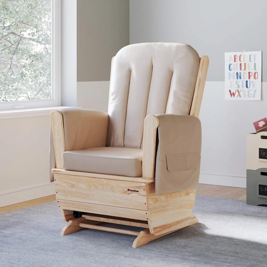 Foundations SafeRocker Standard Glider Rocker - Baby Feeding and Rocking Chair for Nursery, Daycare Environment - Nursery Rocking Chairs with Wood Skirt Base - Tan Vinyl