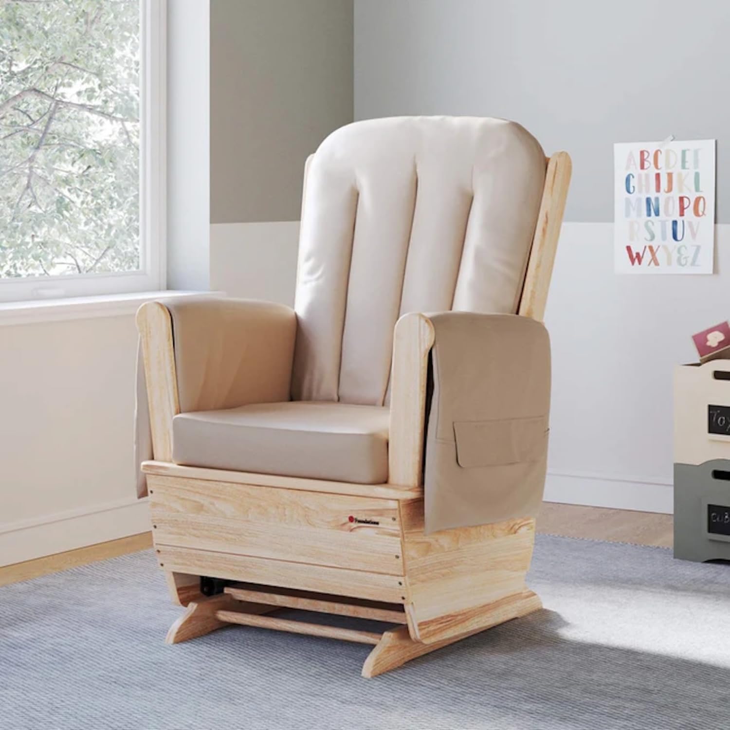 Foundations SafeRocker Standard Glider Rocker - Baby Feeding and Rocking Chair for Nursery, Daycare Environment - Nursery Rocking Chairs with Wood Skirt Base - Tan Vinyl