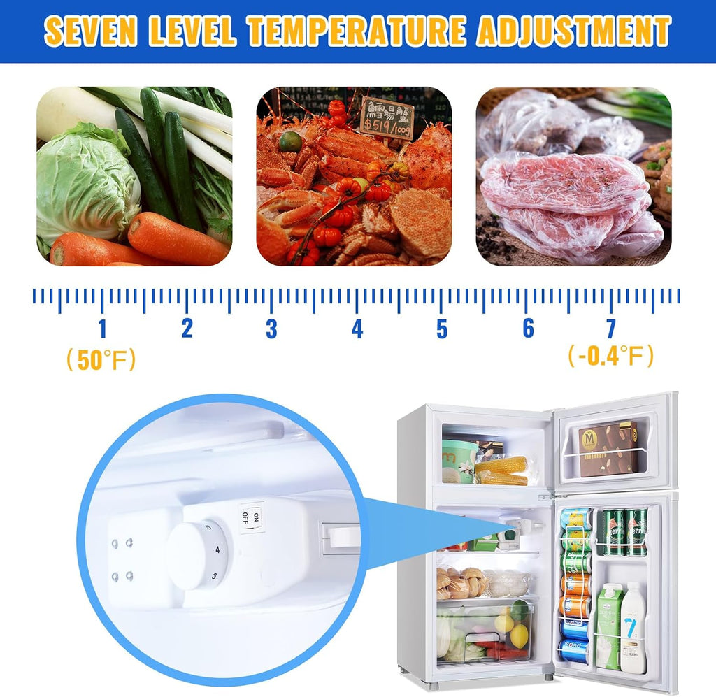 WANAI 3.5 Cu.Ft Mini Fridge With Freezer Freestanding Refrigerator with Freezer,7 Level Adjustable Thermostat Removable Shelves Small Refrigerator for Office Dorm Apartment White