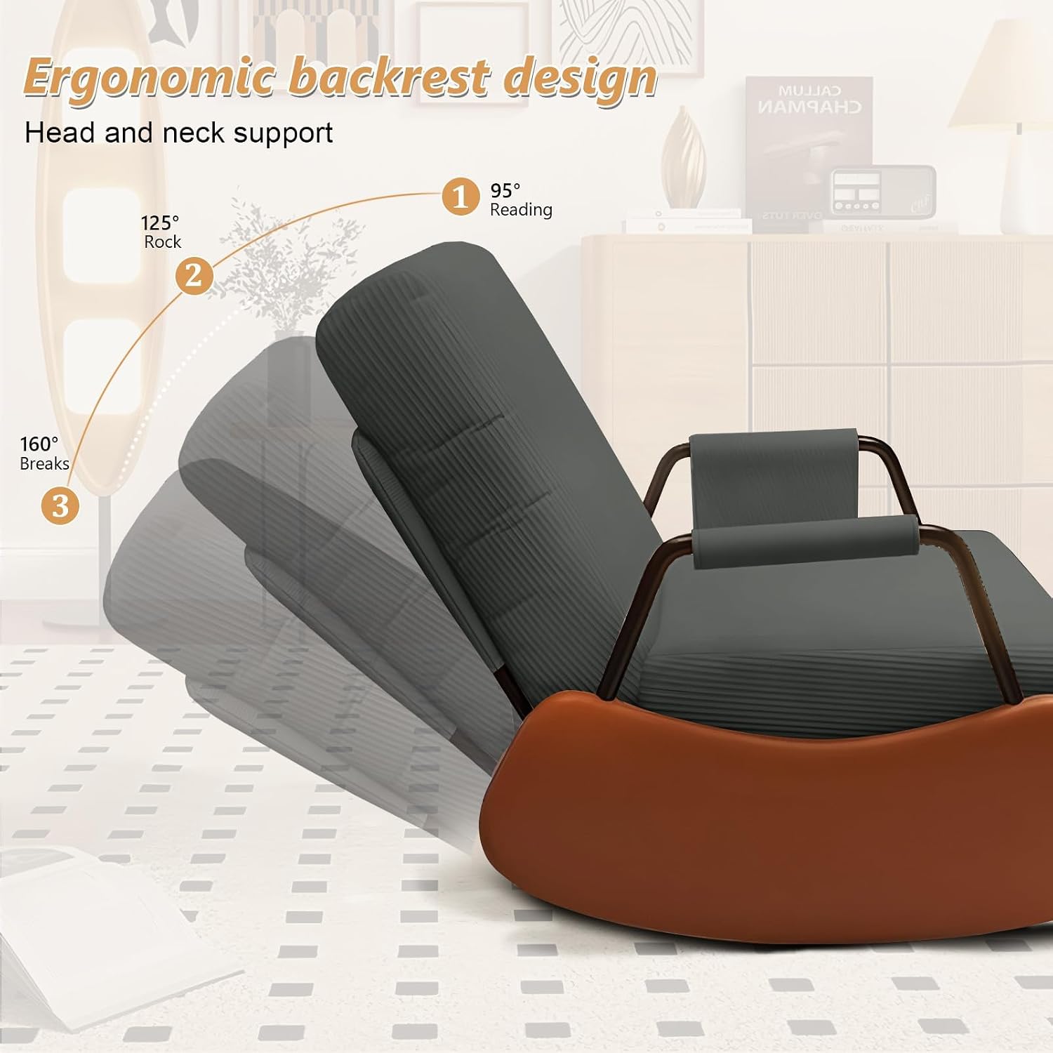 JPBSTO Rocking Chair Nursery, Upholstered Glider Rocking Chair with Side Pocket and Adjustable High Backrest, Foldable Rocker Recliner with Footrest Perfect for Living Room Bedroom, Deep Grey