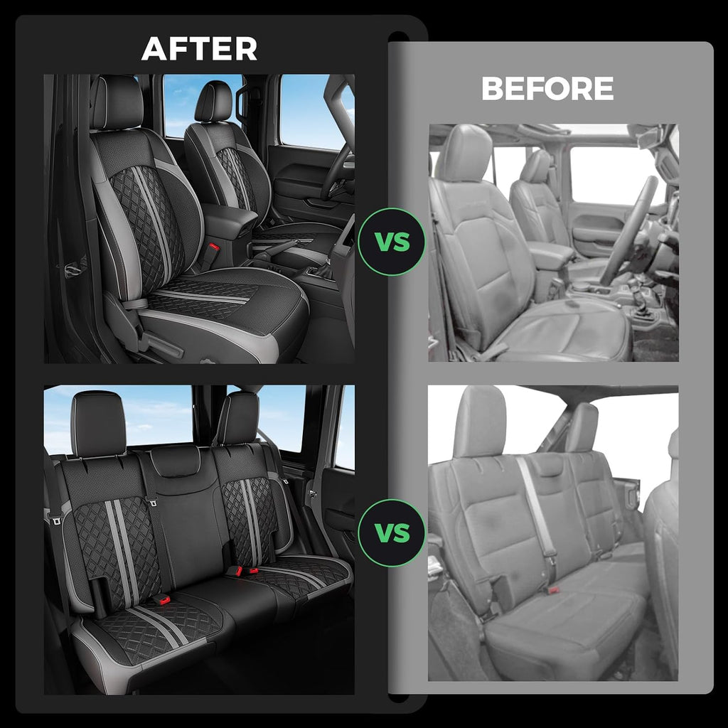 for Jeep Wrangler Seat Covers JL 4 DR Without Rear Cup Holder 2018 2019 2020 2021 2022 2023 2024 2025 2026, Custom Fit Car Seat Covers Full Set,Waterproof Leather Seat Protector,BlackGrey