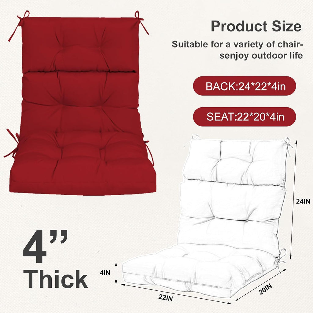 Outdoor High Back Chair Cushions 2-Pack, 44'x22'x 4' Fade-Resistant Waterproof Tufted Pads with Ties for Patio Rocking & Adirondack Chairs (Red)