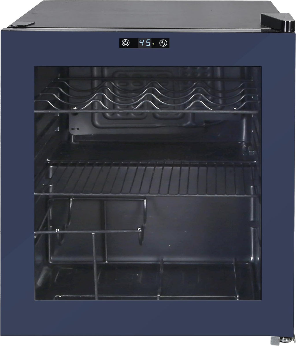 West Bend Beverage Cooler Refrigerator 15 Wine Bottle/60 Can Capacity, Glass Door, 17-Inch Wide Freestanding, Adjustable Thermostat Control, 1.6-Cu.Ft, Slate Blue