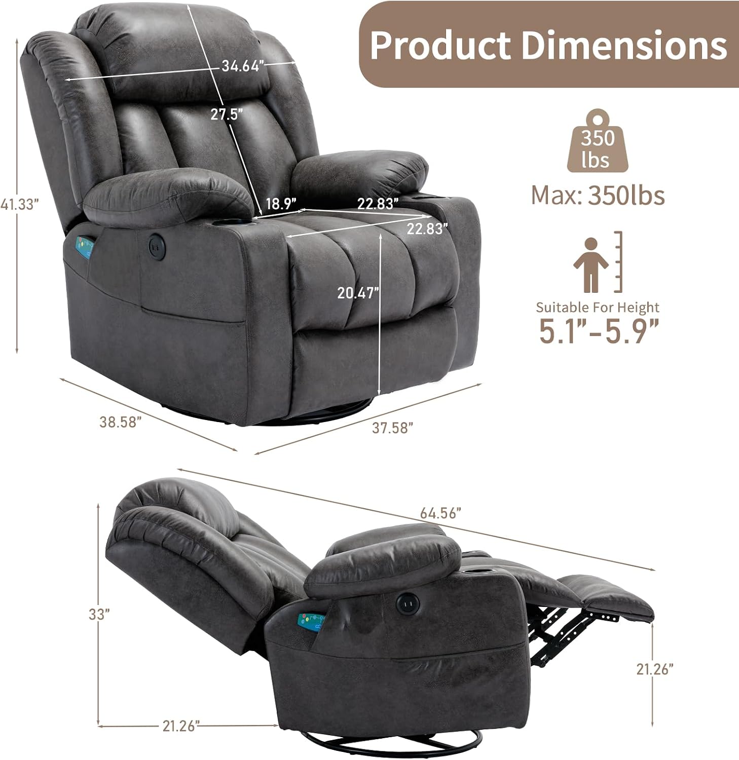 360° Swivel Rocker Recliner Chair with Heat and Massage, Manual Glider Rocking Reclining Chair, Swivel Overstuffed Lounge Reclining Chair with 2 Cup Holders, Side Pockets & USB Ports, Grey