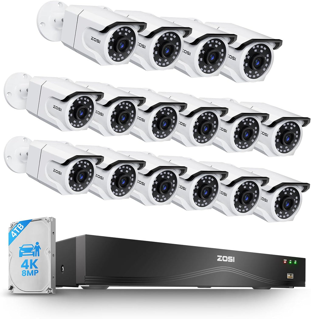 ZOSI 16CH 4K PoE Security Camera System with Audio, 16 x 8MP Outdoor Metal Bullet Cameras, People Counting, Person/Vehicle Detection, 16 Port 32-Channel NVR with 4TB HDD for Commercial 24/7 Recording