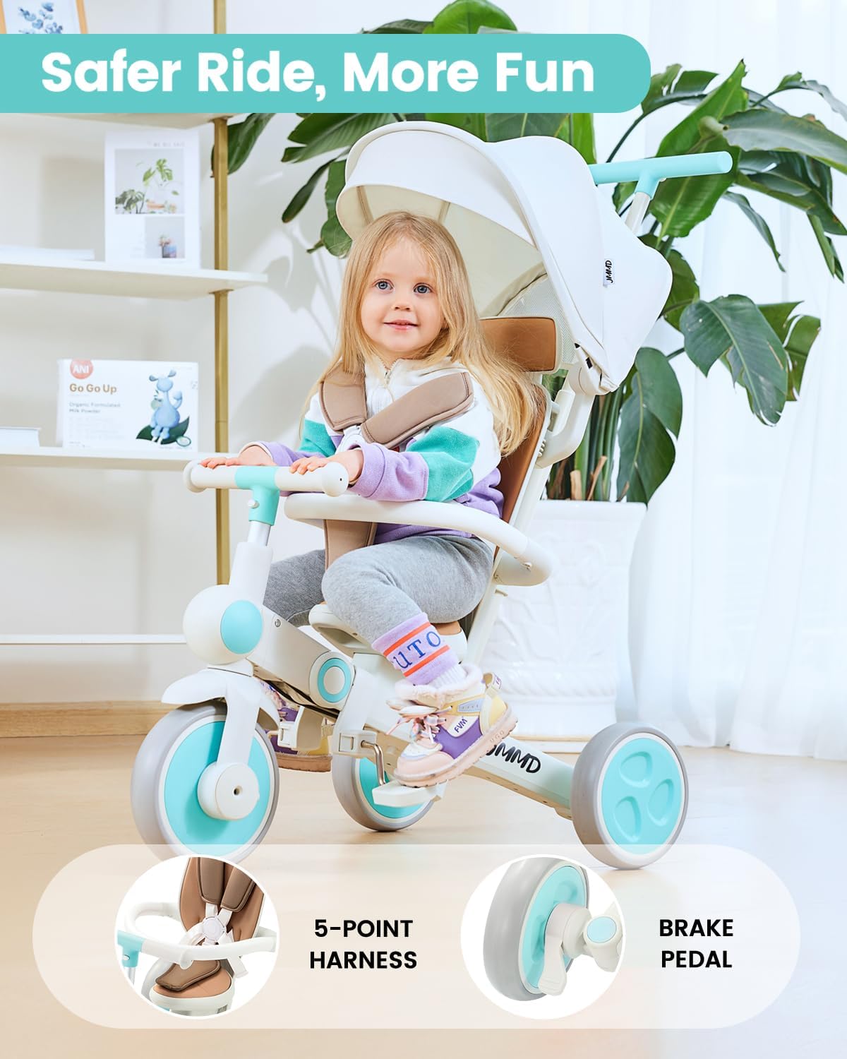 JMMD Baby Tricycle, 7-in-1 Multifunctional Kids Trike with Adjustable Parent Handle, Safety Harness & Wheel Brakes, Removable Canopy, Stroll Trike for Boys & Girls Ages 18 Months-5 Years, Mint