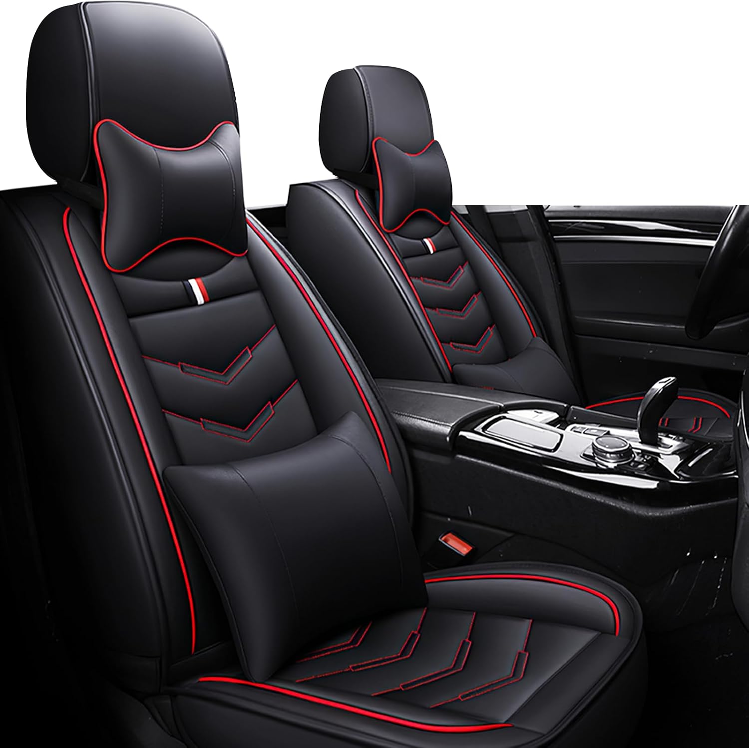 Car Seat Covers Fit for Jeep Grand Cherokee 2000-2025, Leather Seat Covers for Car, Waterproof Non-Slip Durable Car Seat Protector(2 Seats with Pillow,Black Red)