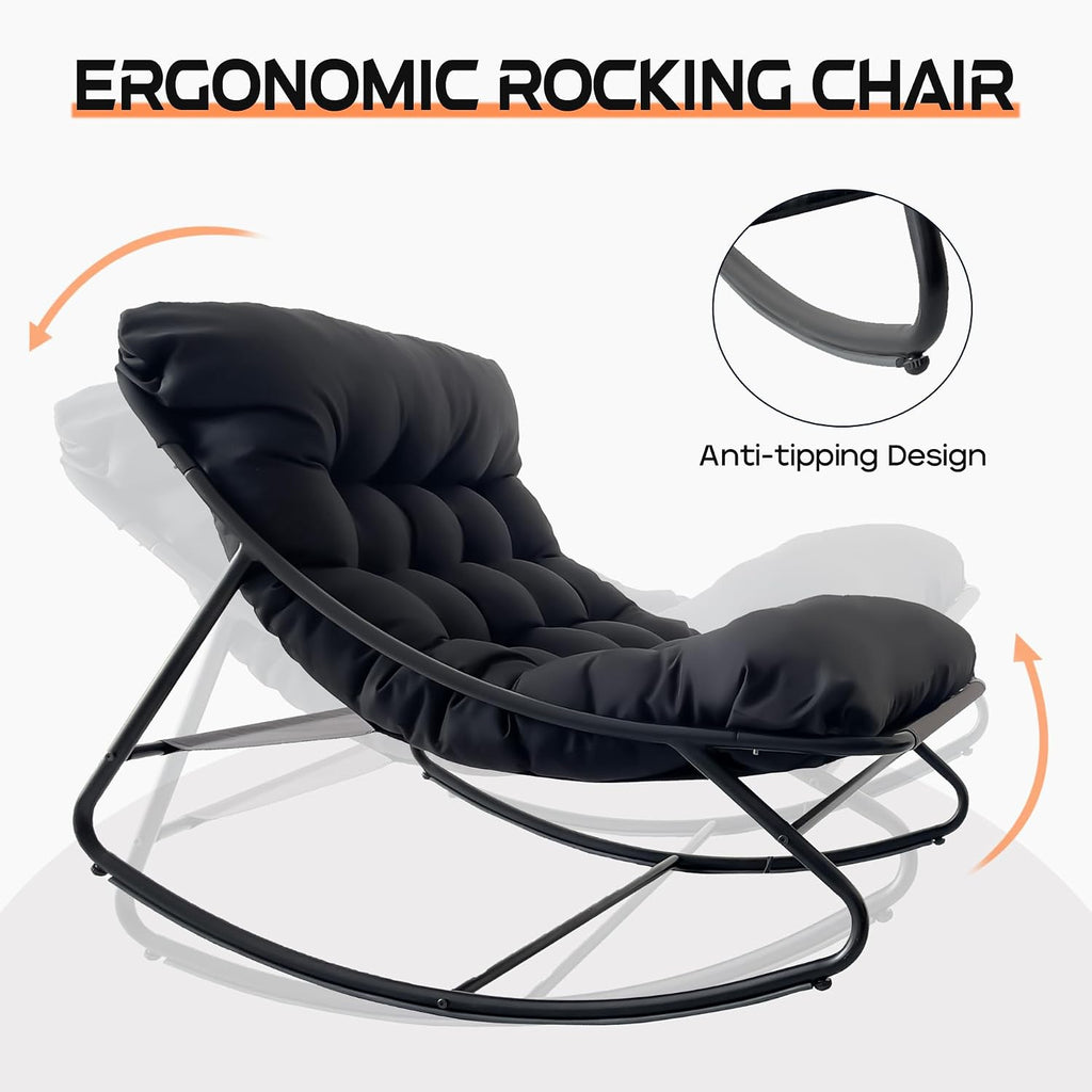 Outdoor Papasan Rocking Chair with Cushion, Oversized Rocking Chair with Ottoman, Modern Cozy Lounge Rocker Chair, Comfy Egg Chairs for Indoor Balcony Porch Patio, Black