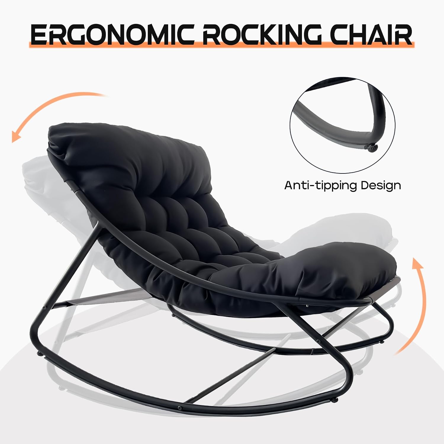 Outdoor Papasan Rocking Chair with Cushion, Oversized Rocking Chair with Ottoman, Modern Cozy Lounge Rocker Chair, Comfy Egg Chairs for Indoor Balcony Porch Patio, Black