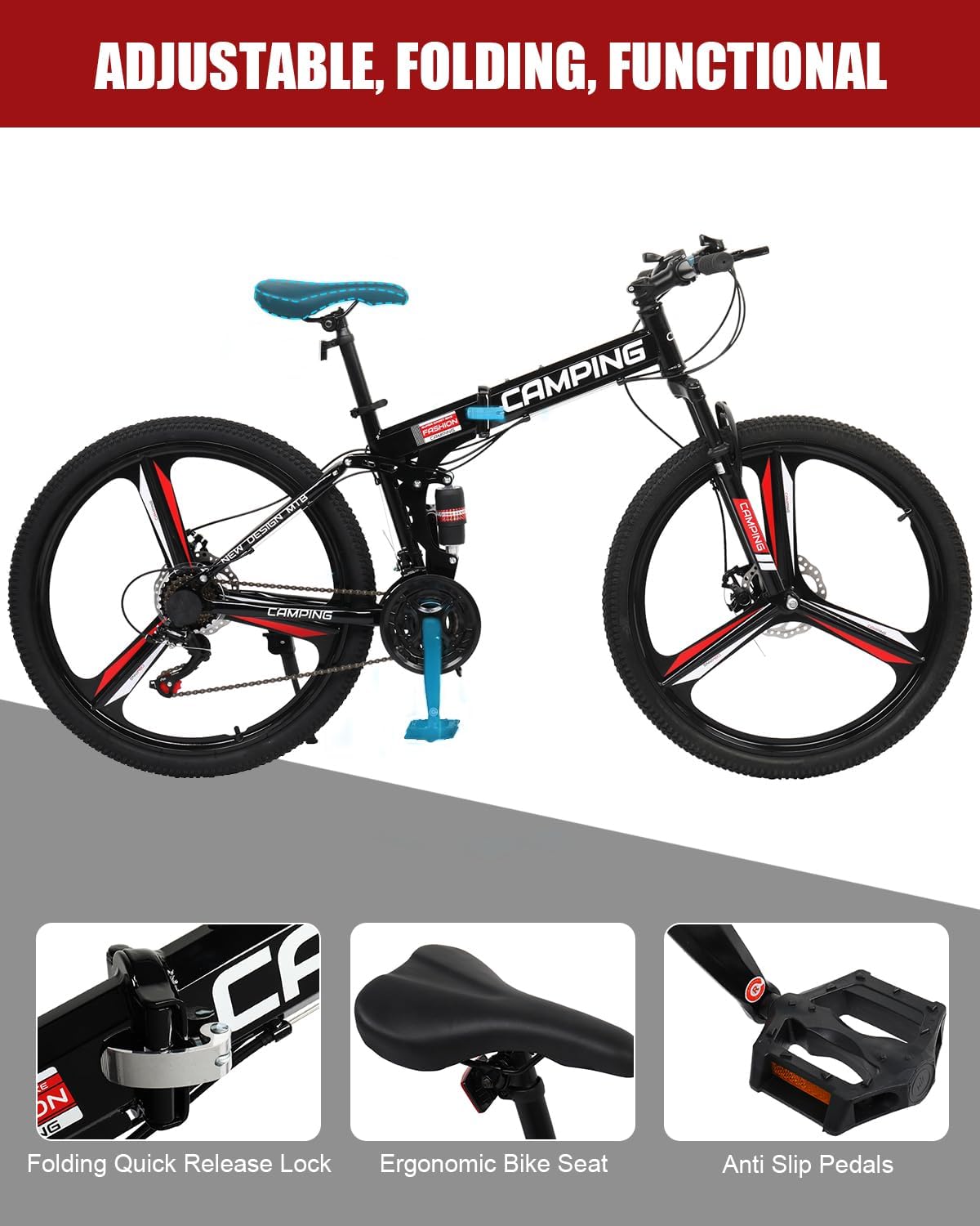 Ktaxon Foldable Mountain Bike 26 Inch Bike 21-Speed Bikes for Adults with Cool Design, Powerful Mechanical Dual Disc Brakes, Double Shock Effect and Ergonomic Cushion