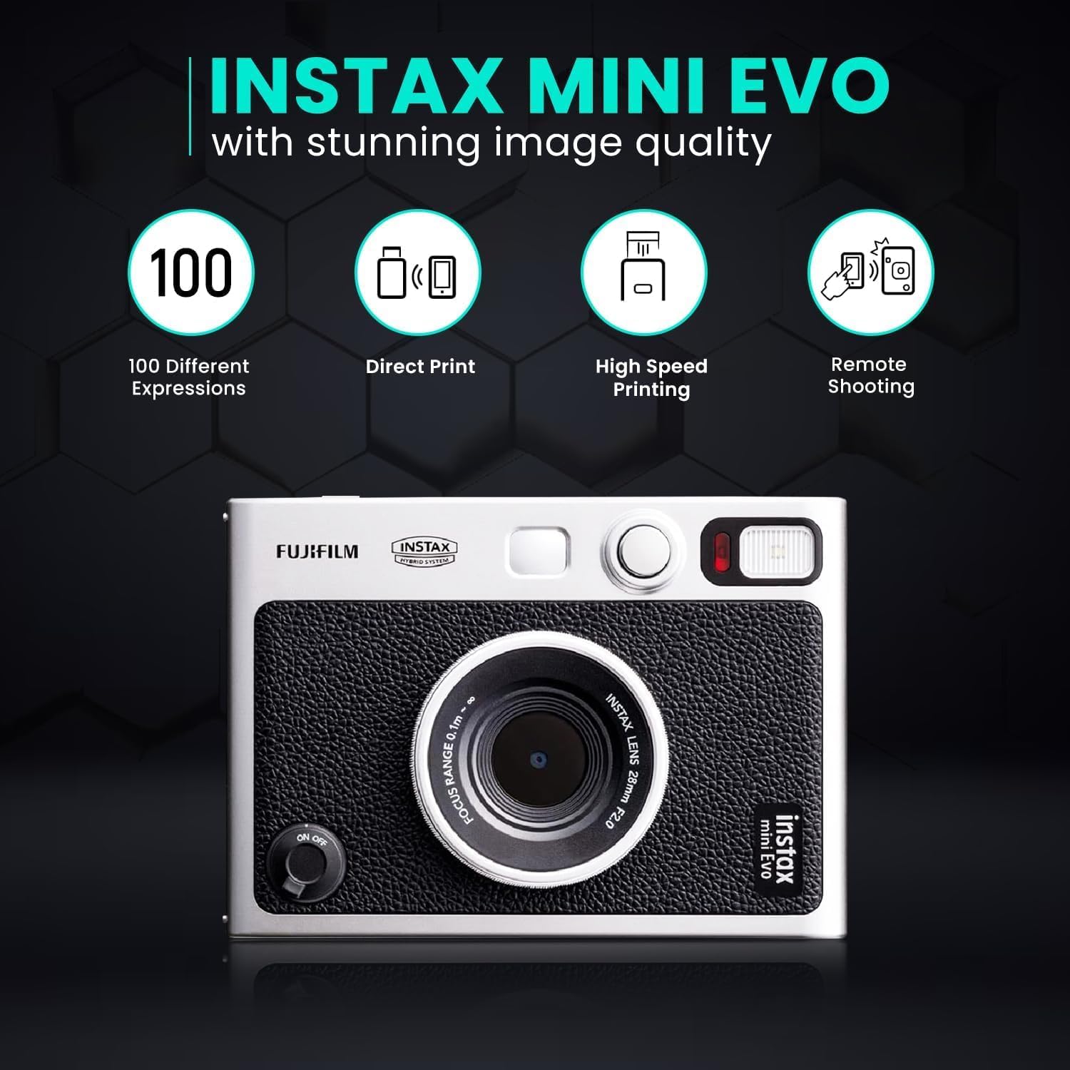 Fujifilm Instant Mini EVO Hybrid Camera Bundle with 20 Instant Film Sheets + 32GB Memory Card + Carrying Case + Flex Tripod + BluebirdSales Cleaning Cloth (Black)