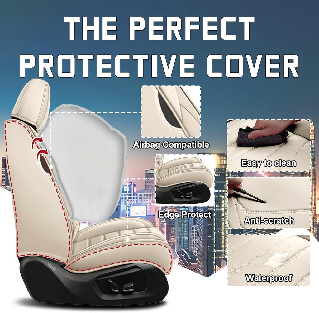 Car Seat Cover Full Set for Kia Sorento Seat Covers 2003-2025, Nappa Leather Waterproof Seat Covers for Cars, Airbag Compatible, Universal Automotive Seat Covers(Standard Front Row/Beige)