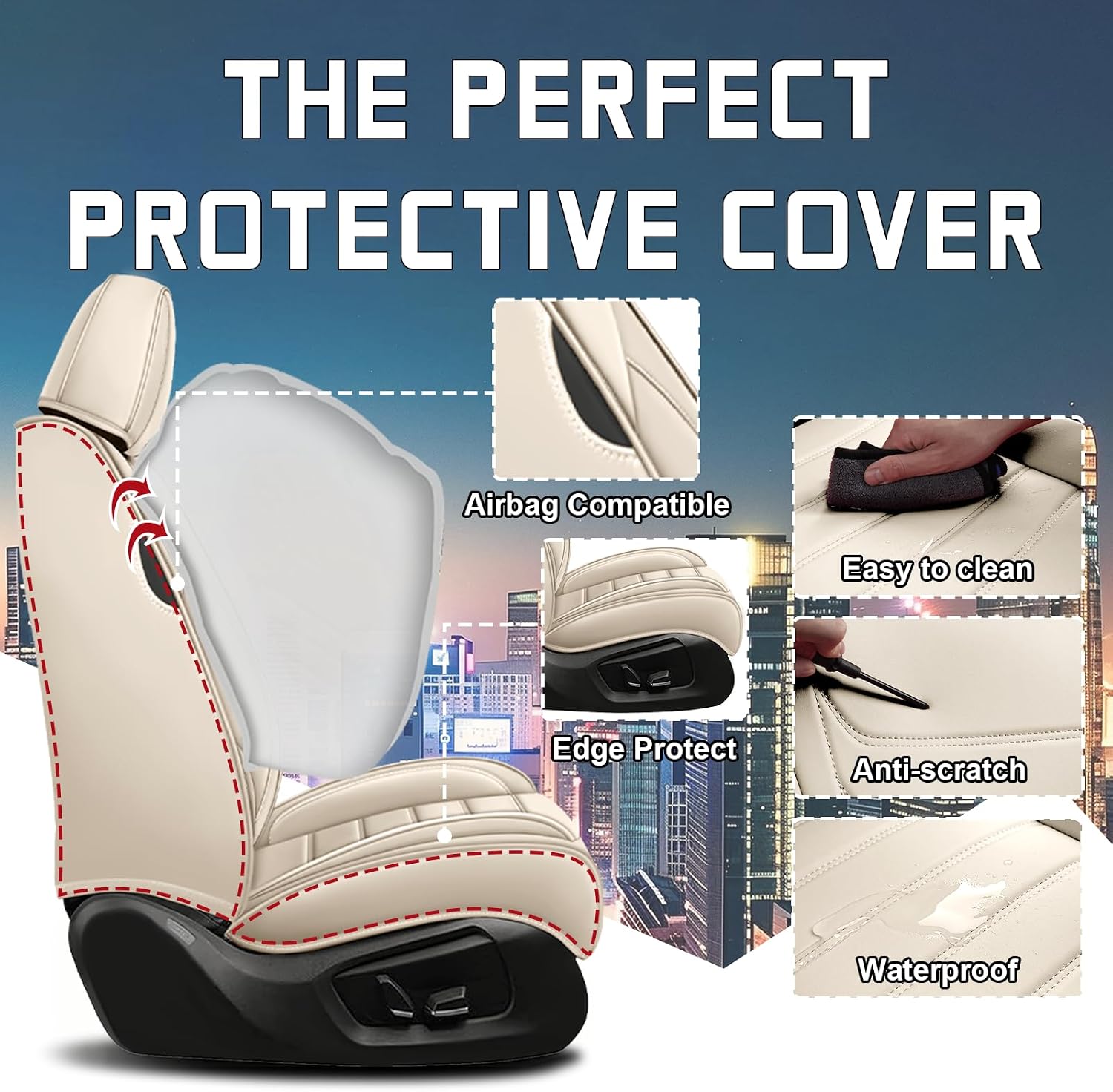 Car Seat Cover Full Set for Kia Sorento Seat Covers 2003-2025, Nappa Leather Waterproof Seat Covers for Cars, Airbag Compatible, Universal Automotive Seat Covers(Standard Front Row/Beige)