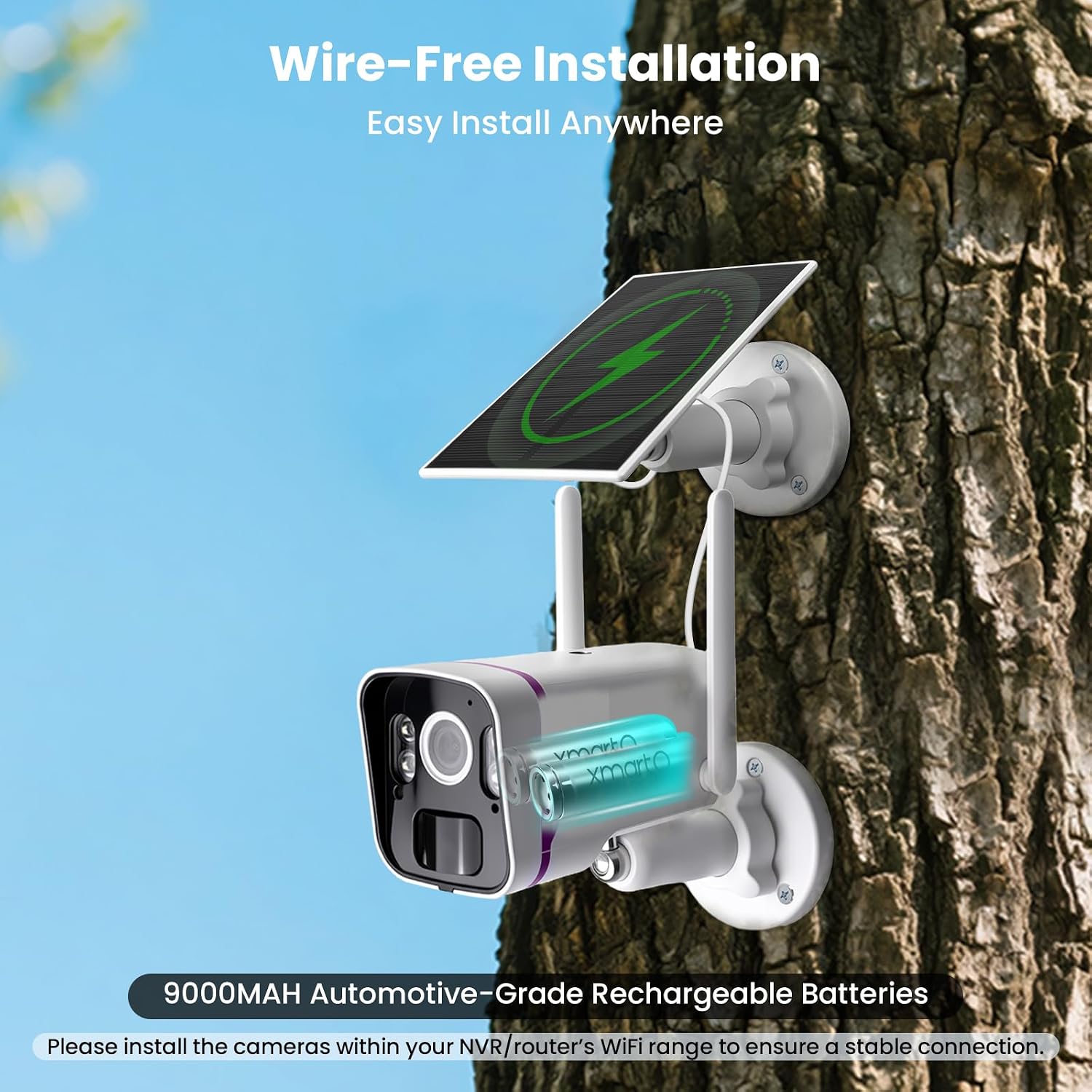 xmartO Wireless Solar Security Camera System, 10CH 4K Expandable WiFi6 NVR+4*4MP 2K Outdoor Cams, All Weather Solar, 2-Way Audio, IR&Color NV, Long Range WiFi Mesh, Free 120-Day Video,No Monthly Fees