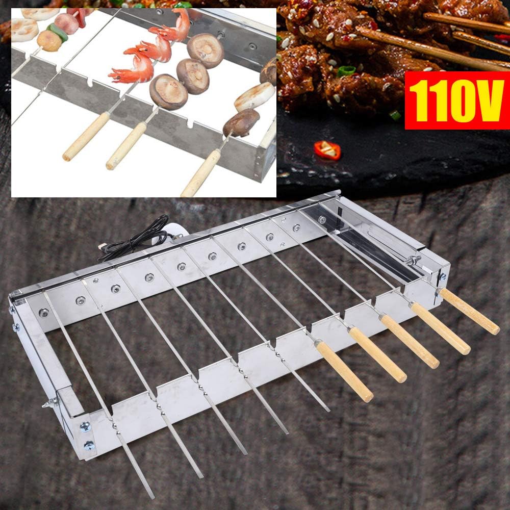 Stainless Steel Electric Skewer Barbecue Turner, Automatic and Electric Rotating Kabob Grill with 10pcs Skewers, Adjustable Width, Kebab Machine for Outdoor Family Events