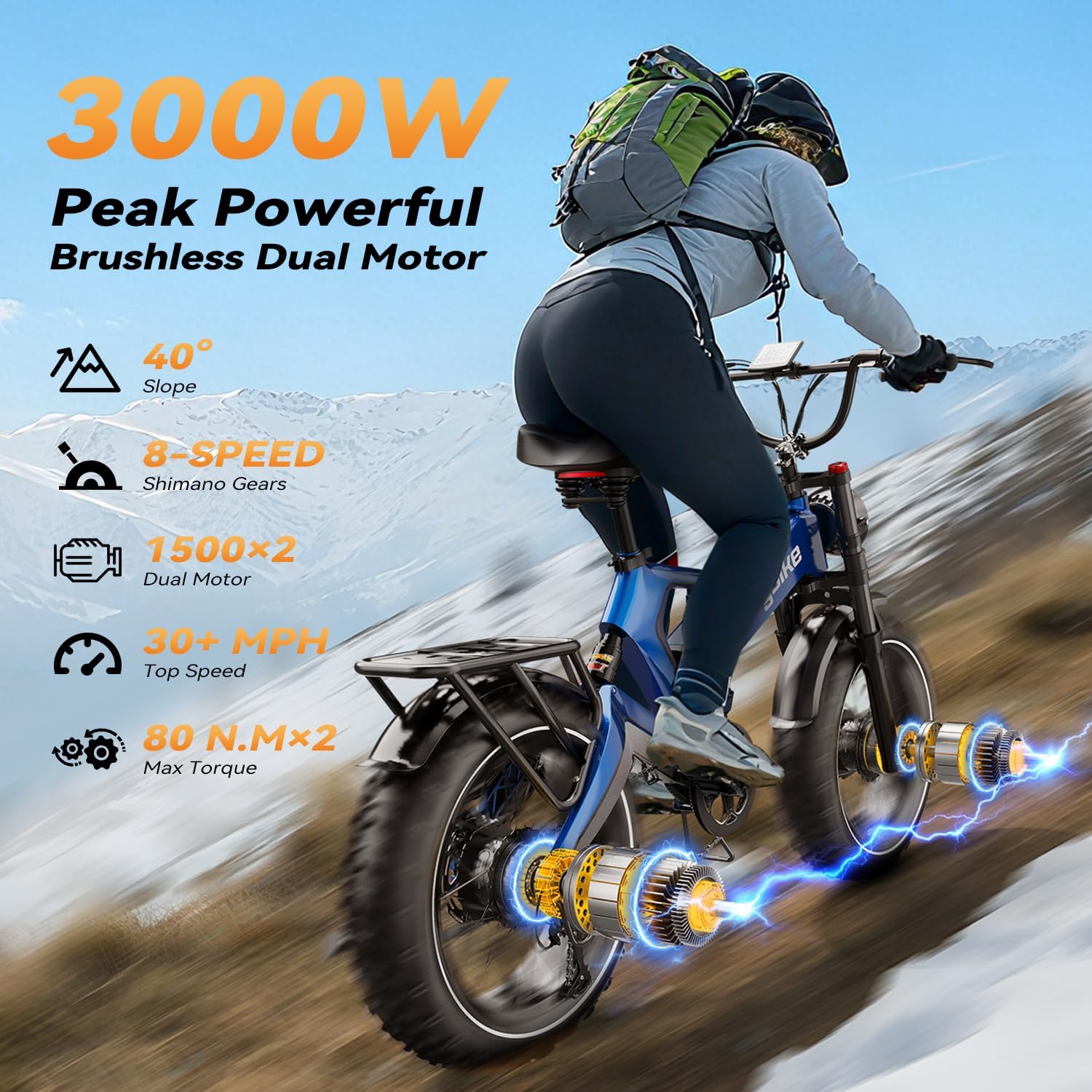 2000W/3000W Peak Motor Electric Bike for Adults, 48V/52V 25AH/30AH Battery Full Suspension Foldable Ebike, 20'x4.0' Fat Tires 35MPH Dirt Bike, 100/120 Miles Hydraulic Brake Magnesium Alloy Motorcycle
