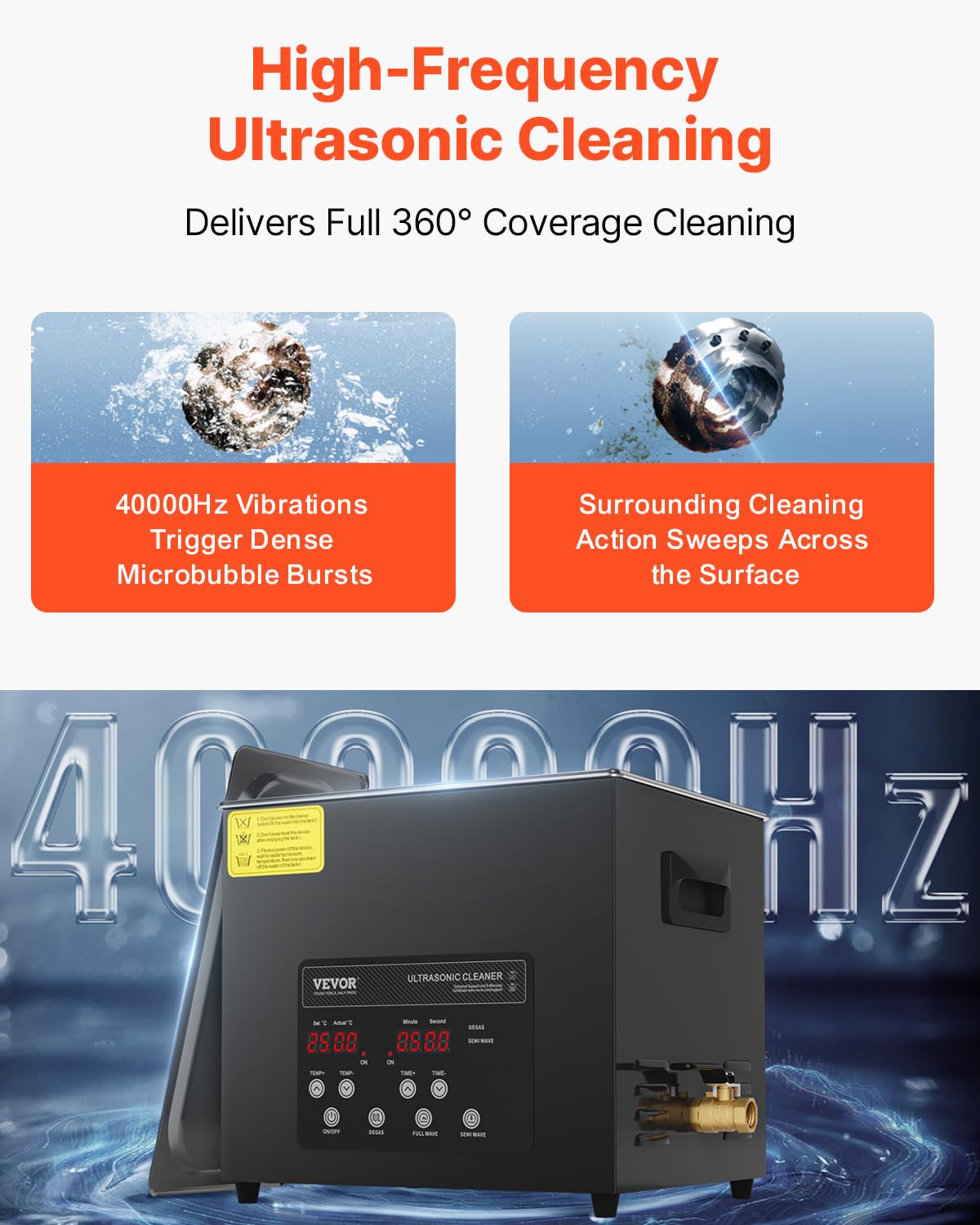 VEVOR Ultrasonic Cleaner, 10L, 600W Heating Power Ultra Sonic Cleaning Machine with Gentle Mode & Upgraded Degassing, 4 PCS Transducers, 40kHz Industrial Ultrasound Cleaner for Jewelry, Beakers, Tools