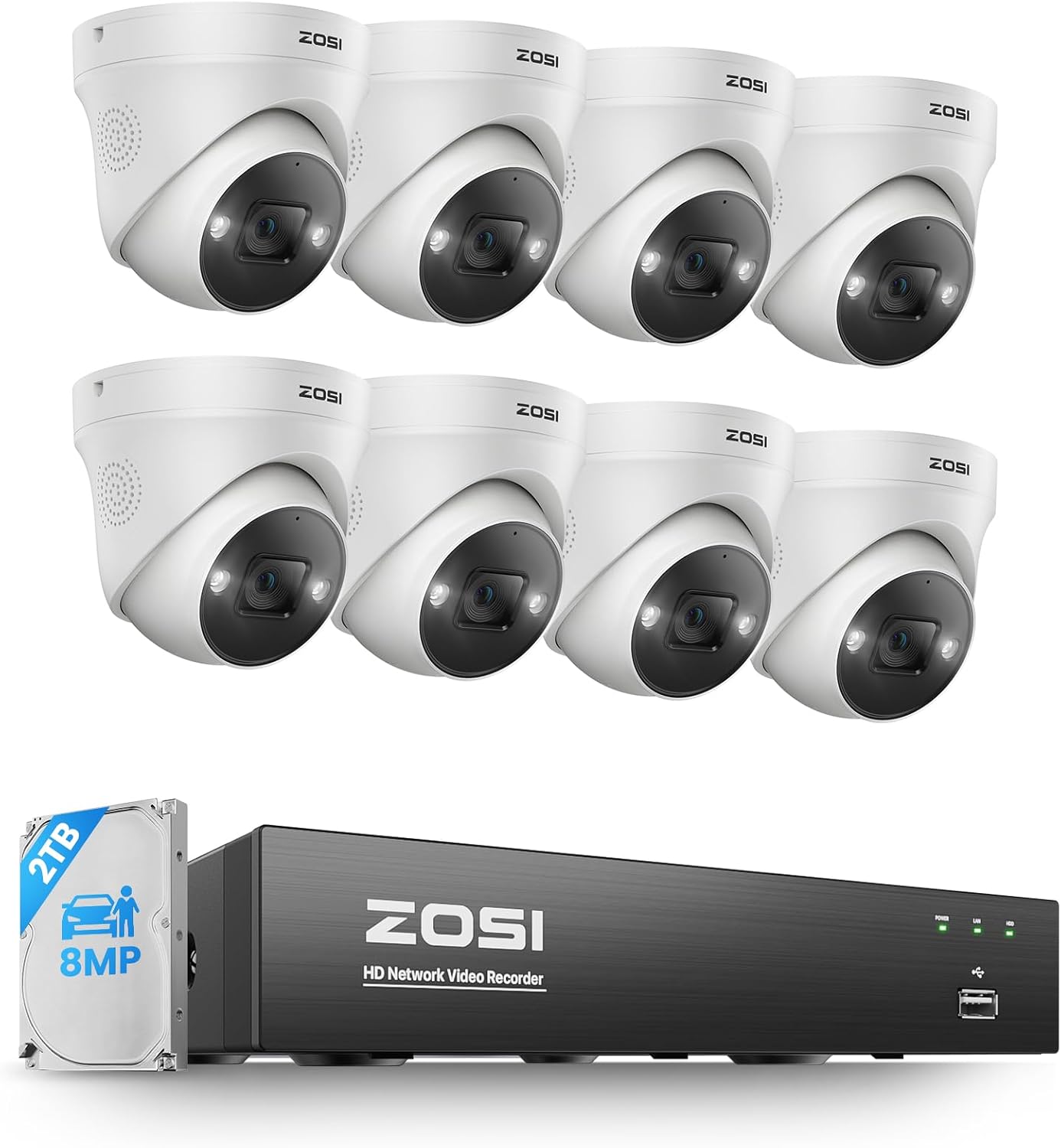ZOSI 4K Security PoE Camera System with Person Vehicle Detection,8pcs 4K Outdoor Indoor IP Cameras,2 Way Audio,Night Vision,Sound Light Alarm,8 Ports 16CH 8MP NVR with 2TB HDD for Home 24/7 Recording