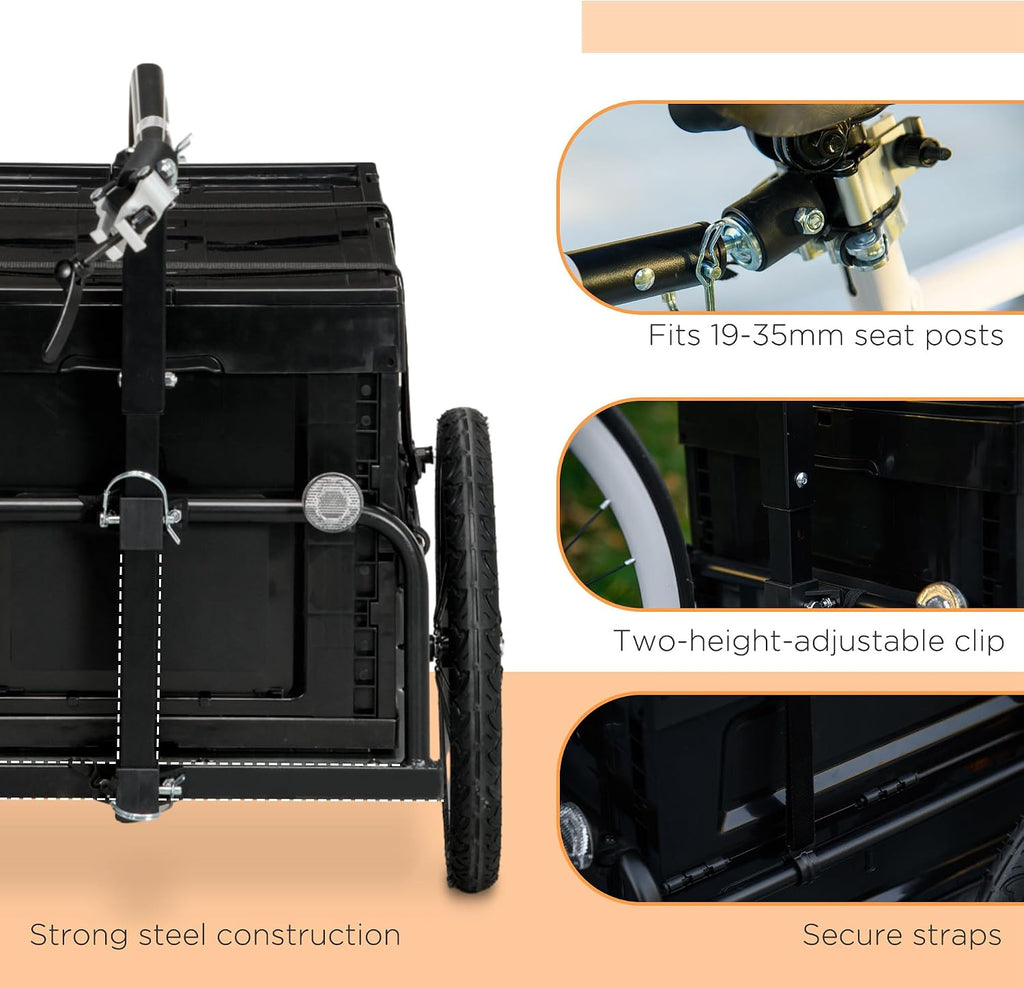 Aosom Bike Cargo Trailer, Bicycle Trailer Wagon Cart with Removable Storage Box, Folding Frame, Quick Release 16' Wheels and Safe Reflectors
