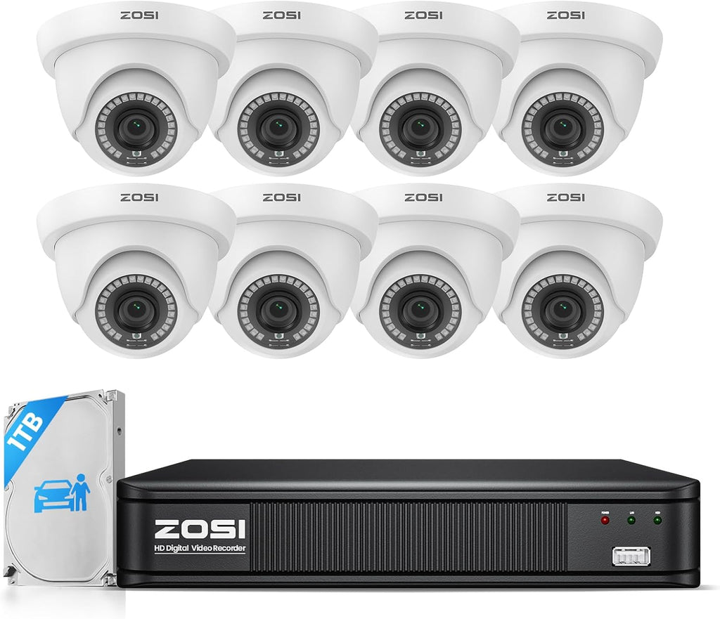 ZOSI H.265+ Home Security Camera System with AI Human Vehicle Detection, 5MP 3K Lite 8 Channel Surveillance DVR and 8 x 1080p Weatherproof CCTV Dome Camera Outdoor Indoor, 80ft Night Vision, 1TB HDD
