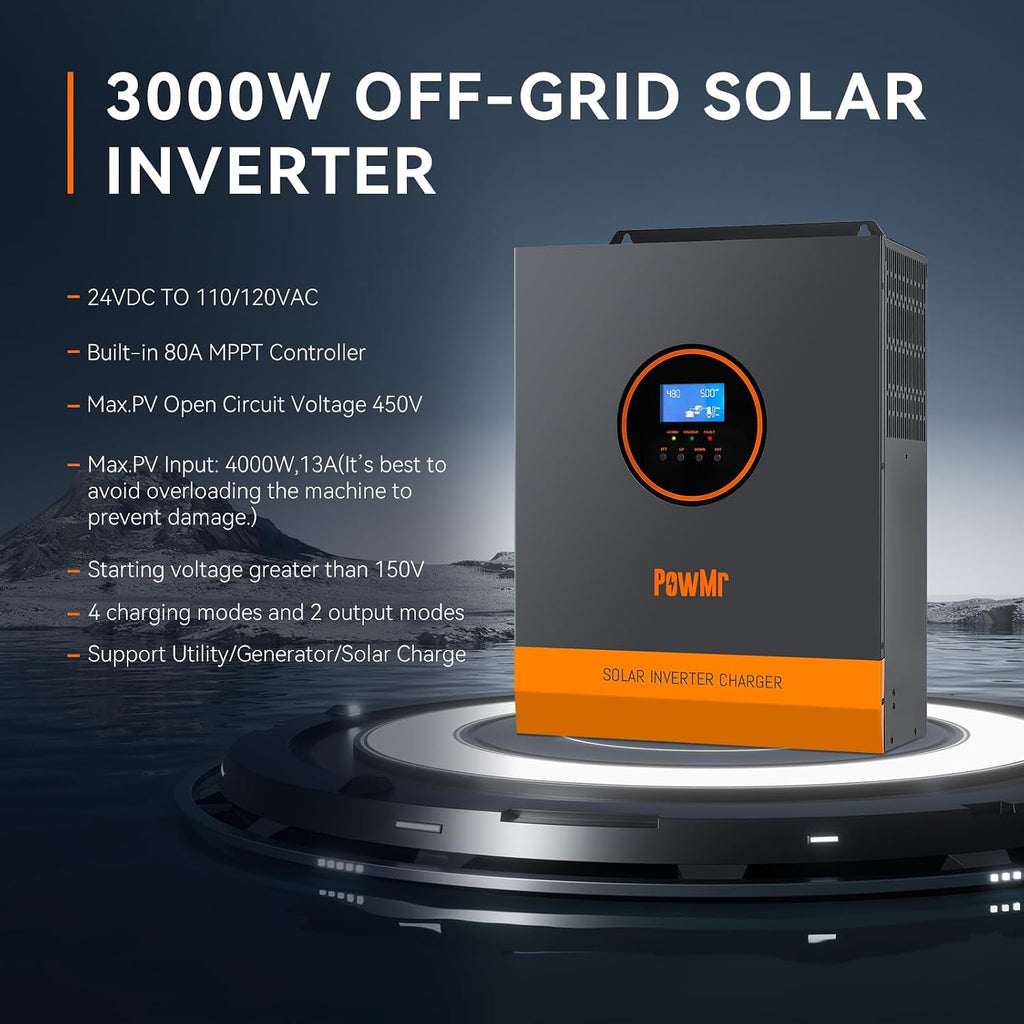 PowMr 3000W Solar Inverter, 24V to 110/120Vac, Pure Sine Wave Power Inverter 3000 watt Max.PV Input 4000W 450V 13A, Built-in 80A MPPT Controller and fit for 24V Lead-Acid and Lithium Battery