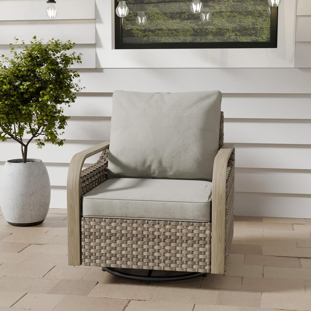 COOS BAY Modern Outdoor Swivel Rocker Chair, Wicker Glider Rocking Chair with Cushions, 360° Swivel Rattan Patio Seating, 1 Piece, Brown/Gray