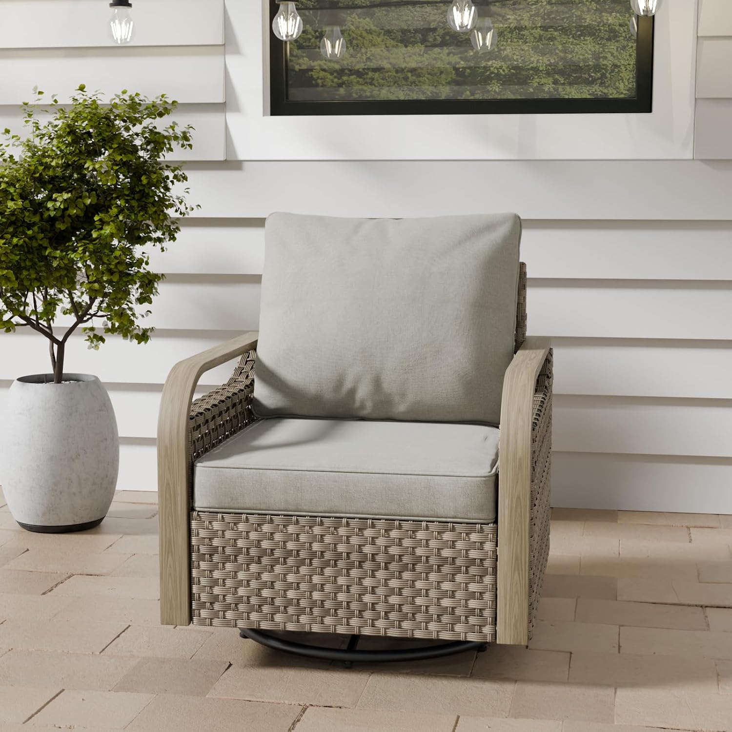 COOS BAY Modern Outdoor Swivel Rocker Chair, Wicker Glider Rocking Chair with Cushions, 360° Swivel Rattan Patio Seating, 1 Piece, Brown/Gray