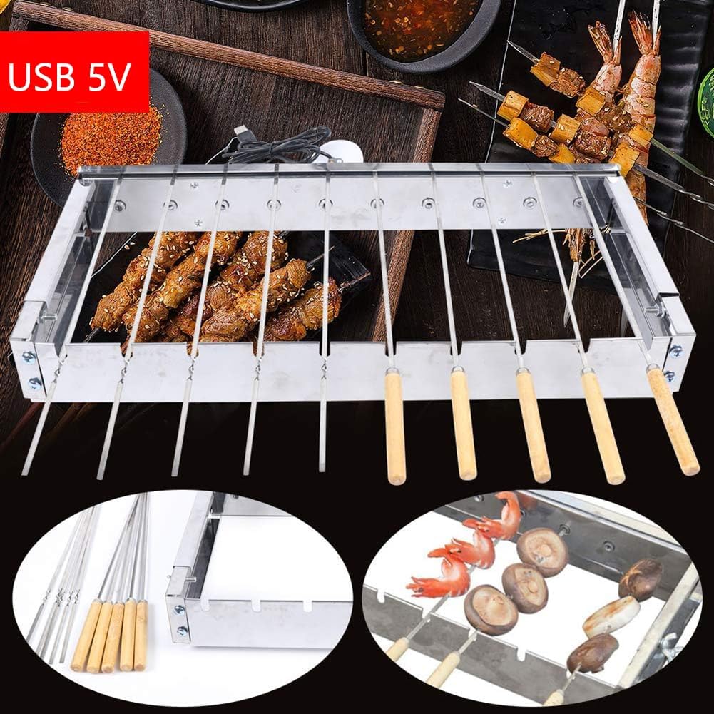 Stainless Steel Auto Rotating BBQ Grill Rack, Adjustable Width Skewer Turner for Kabobs, 10-Hole Rotisserie Grill for Camping & Picnic, 5V USB Powered Silver