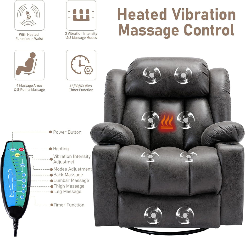 360° Swivel Rocker Recliner Chair with Heat and Massage, Manual Glider Rocking Reclining Chair, Swivel Overstuffed Lounge Reclining Chair with 2 Cup Holders, Side Pockets & USB Ports, Grey