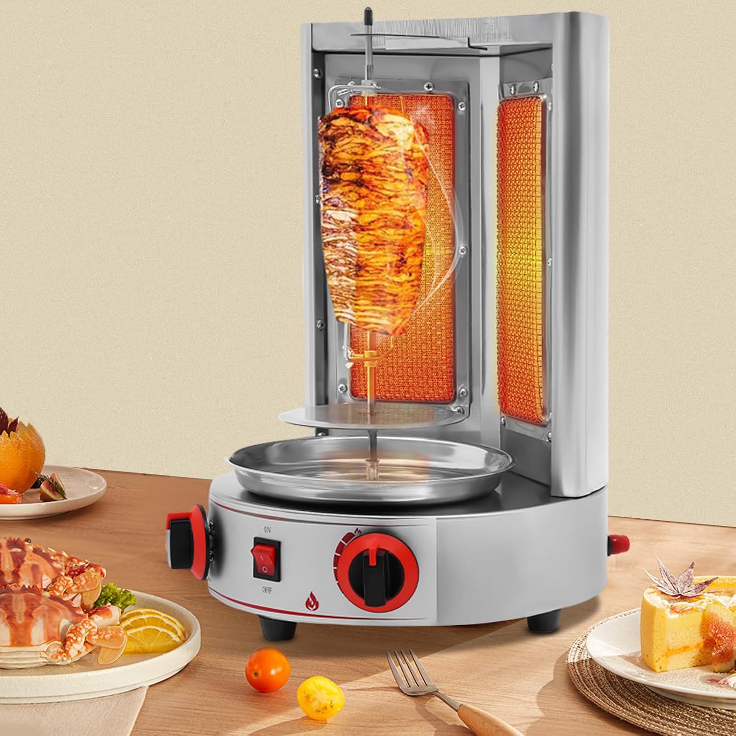 Countertop Shawarma Machine 110V 3000W Gas Vertical Shawarma Machine 360°Rotating Gyro Grill with 2 Burners Stainless Steel Shawarma Machine for Commercial Home Restaurant Kitchen