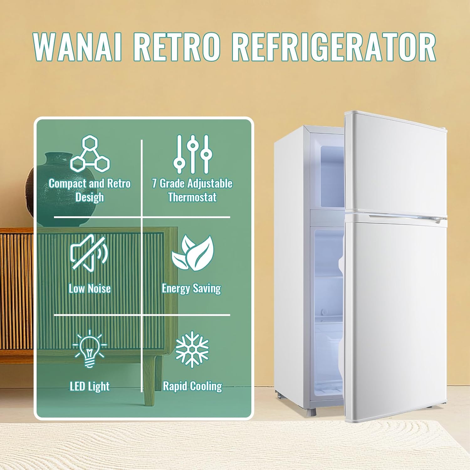 WANAI 3.5 Cu.Ft Mini Fridge Compact Refrigerator with Freezer, 7 Level Adjustable Thermostat Removable Shelves Small Refrigerator for Office Dorm Apartment Matte White