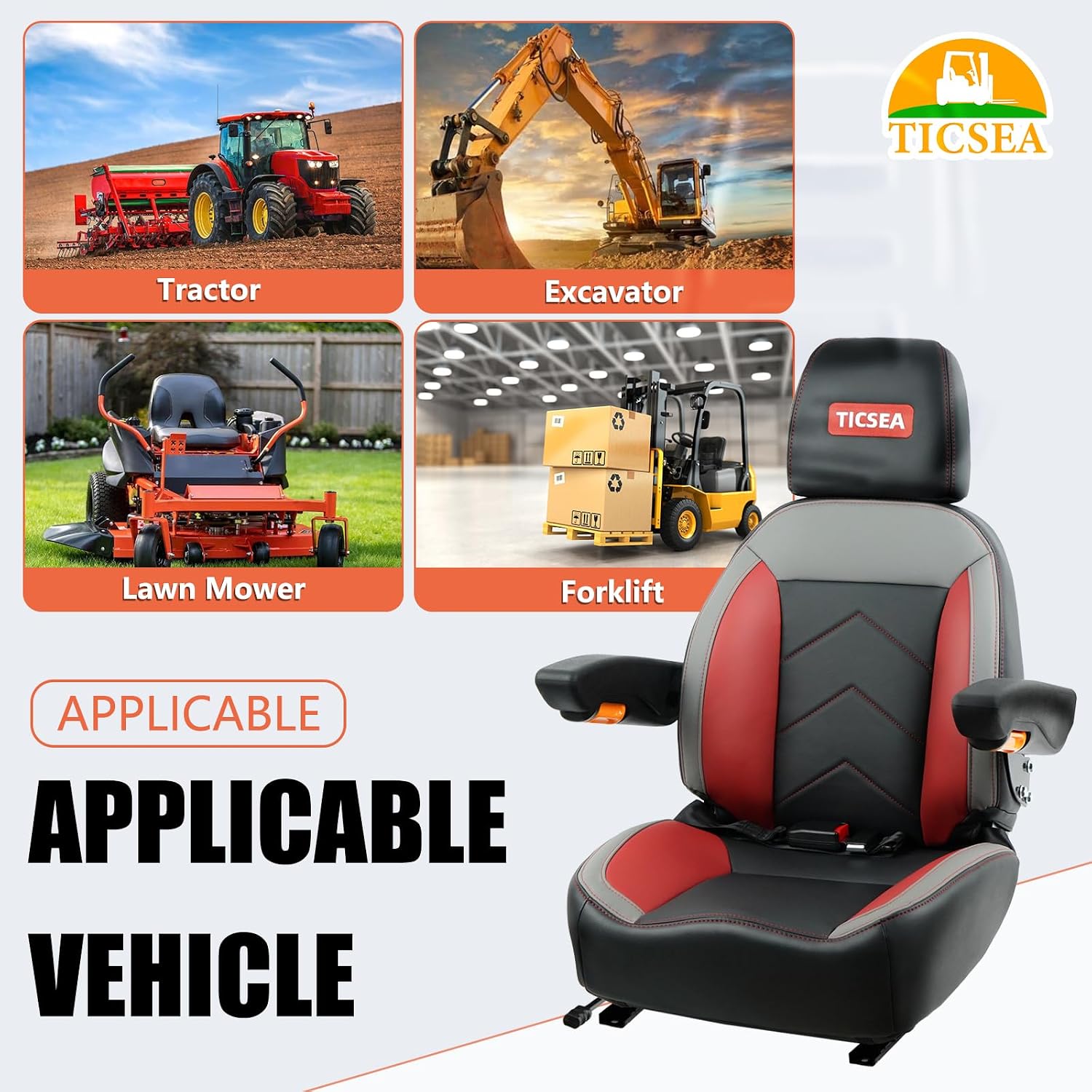 Universal Tractor Seat, Forklift Seat with Retractable Seatbelt and Adjustable Backrest Headrest Armrests Compatible with Toro Gravely Bad Boy Kubota Zero Turn Mowers (Black-Red)
