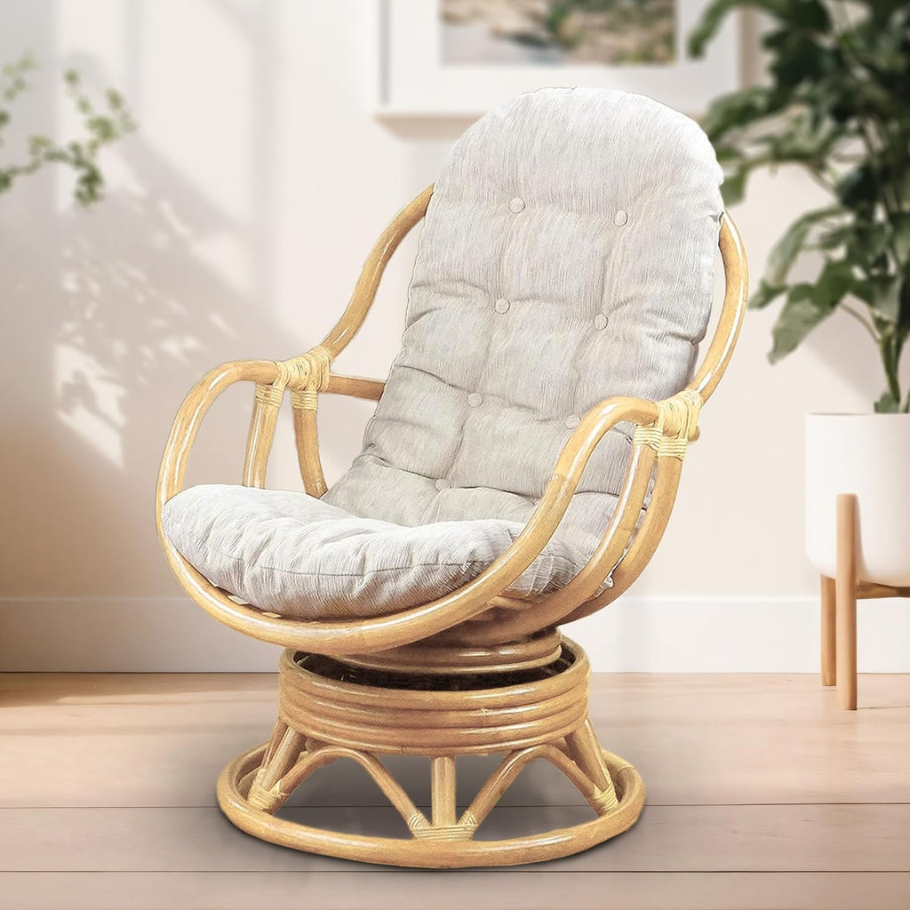 Bali Lounge Swivel Rocking Chair with Cream Cushion Natural Rattan Wicker Handmade, Natural Color