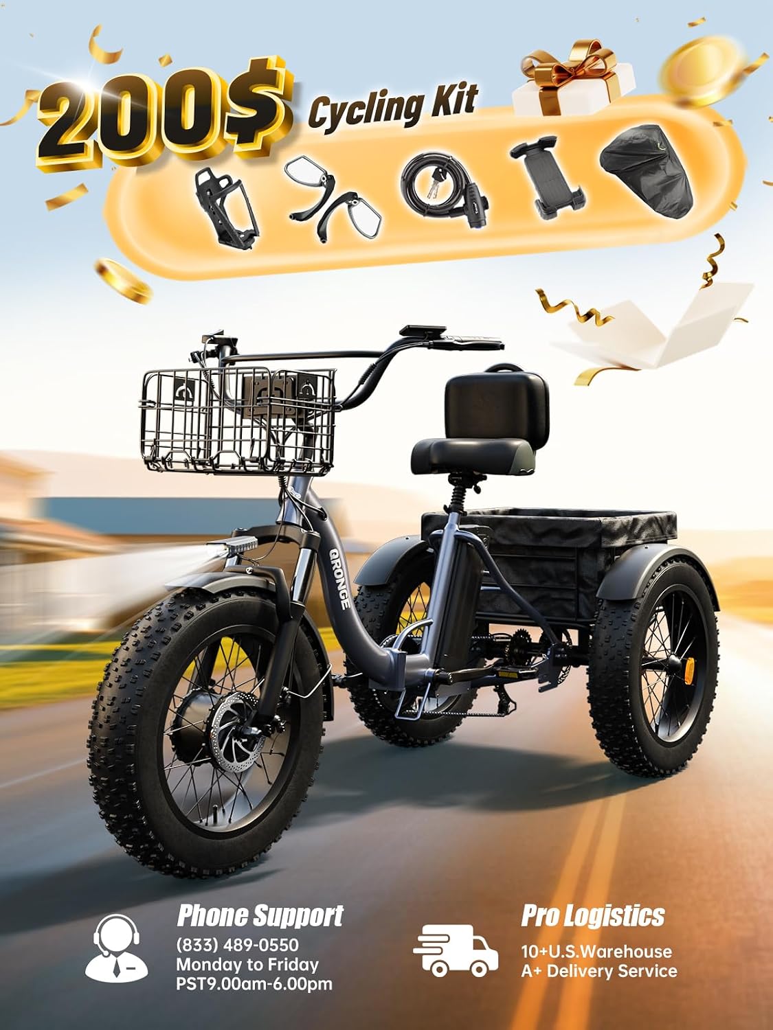 QRONGE Electric Tricycle for Adults 960W Peak, 36V 15AH Battery Ebike 50 Miles Range with Large Rear Basket, Electric Trike 20'*4' Fat Tire, Max 20MPH 3 Wheel Folding Electric Trike for Adults(Lava)