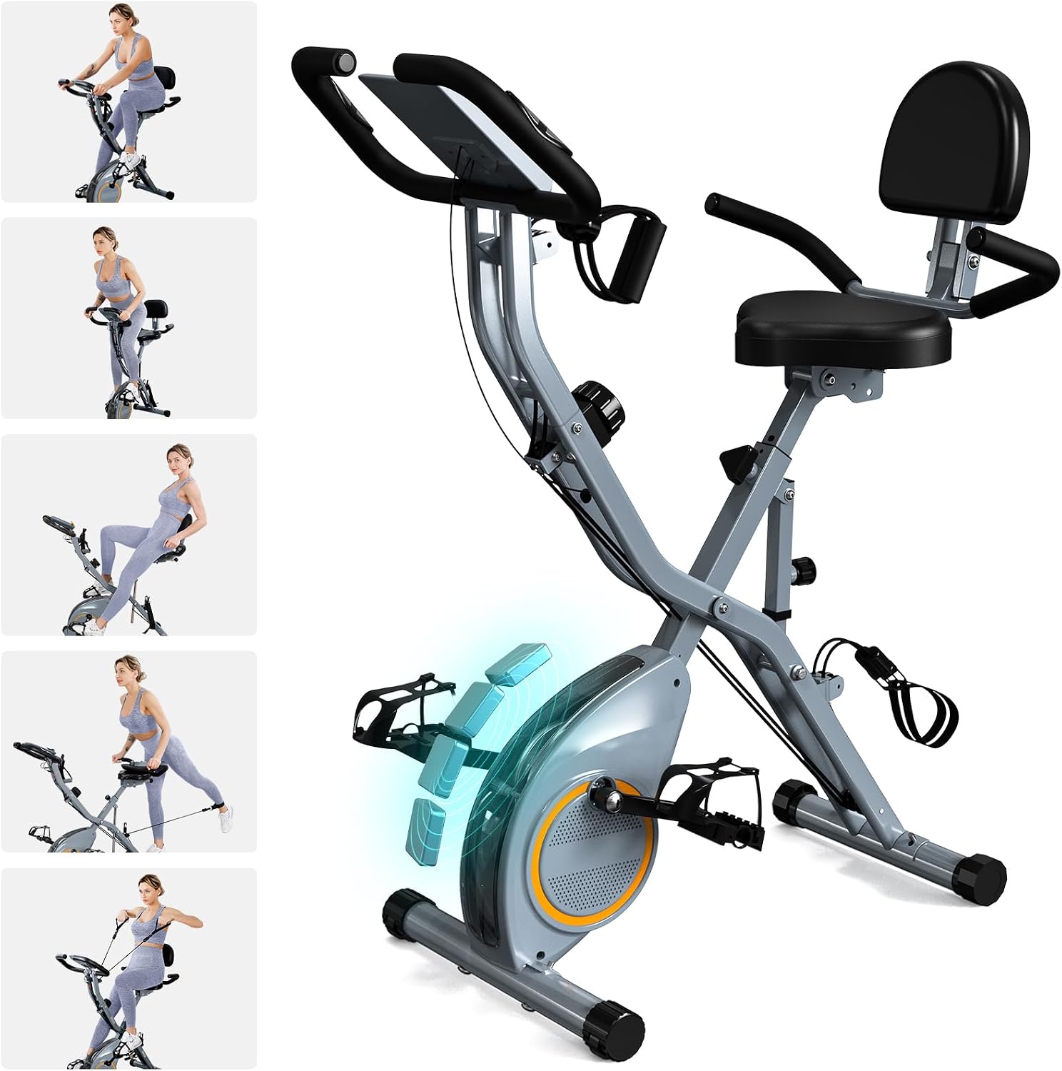 USLIM Foldable Exercise Bike Stationary Bikes for Home, 5 IN 1 Indoor Workout Bike, Cycling Bike with 16-Level Quiet Magnetic Resistance, 6.6 LBS Flywheel and 300LBS Capacity for Senior and Home Workout