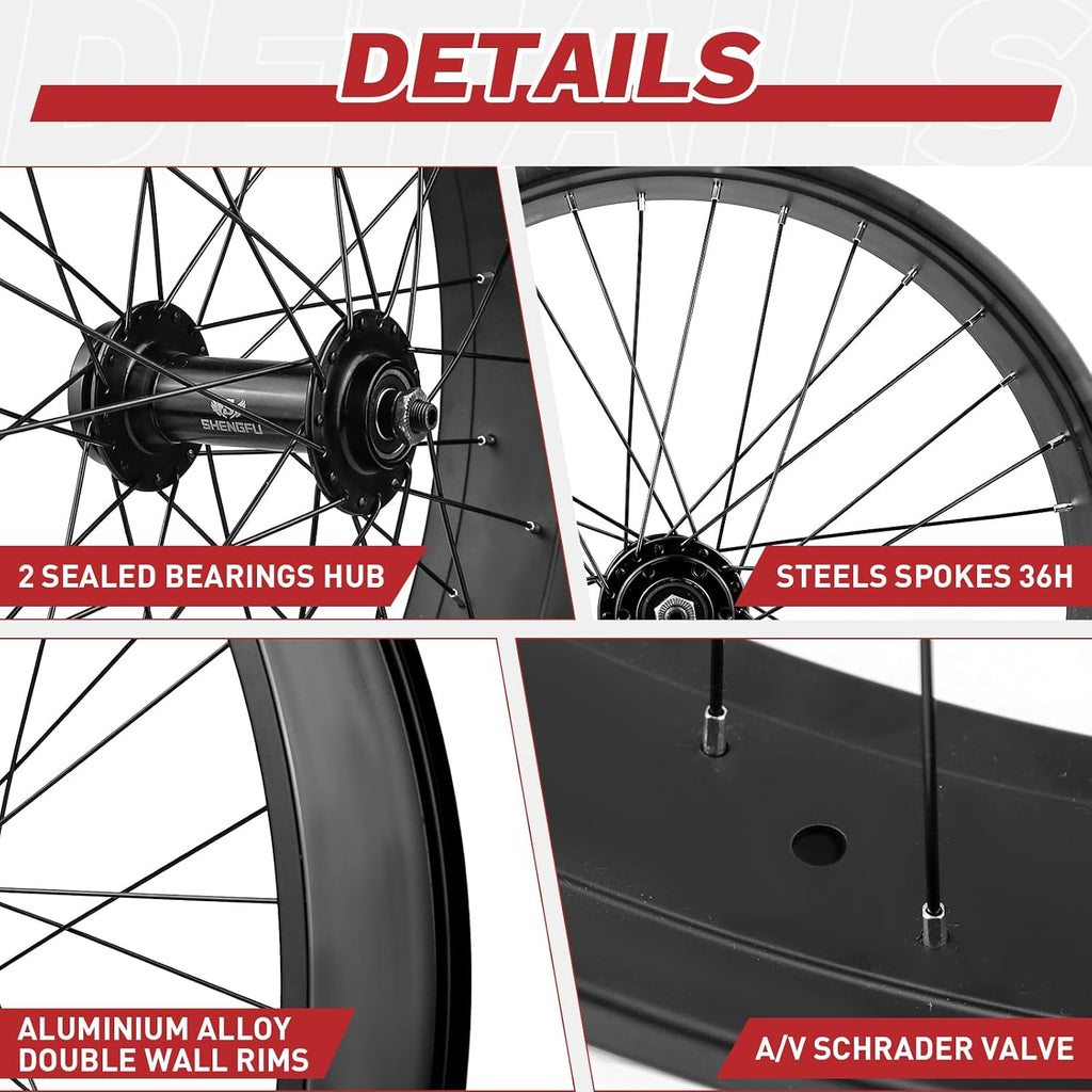 WEEROCK 20/26 x 4.0 Inch Bike Front Rear Wheelset, 4.0' Wide Aluminium Alloy Wheelset with Quick Release, Compatible with Disc Brake, Threaded Freewheel for 20'/26' Snow Bicycle, Fat Tire Bicycles
