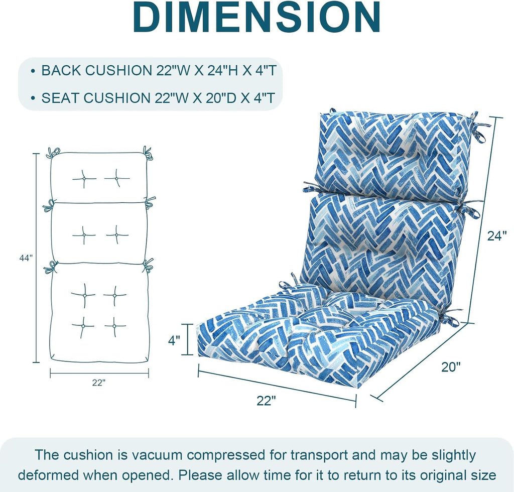 DYTXIII Outdoor High Back Chair Cushions Set of 2, Water Repellent Tufted Rocking Seat Cushions Replacement 44 x 22 Inch, Seat & Back Chair Pads for Patio, Balcony and Indoor Use -Blue Bricks