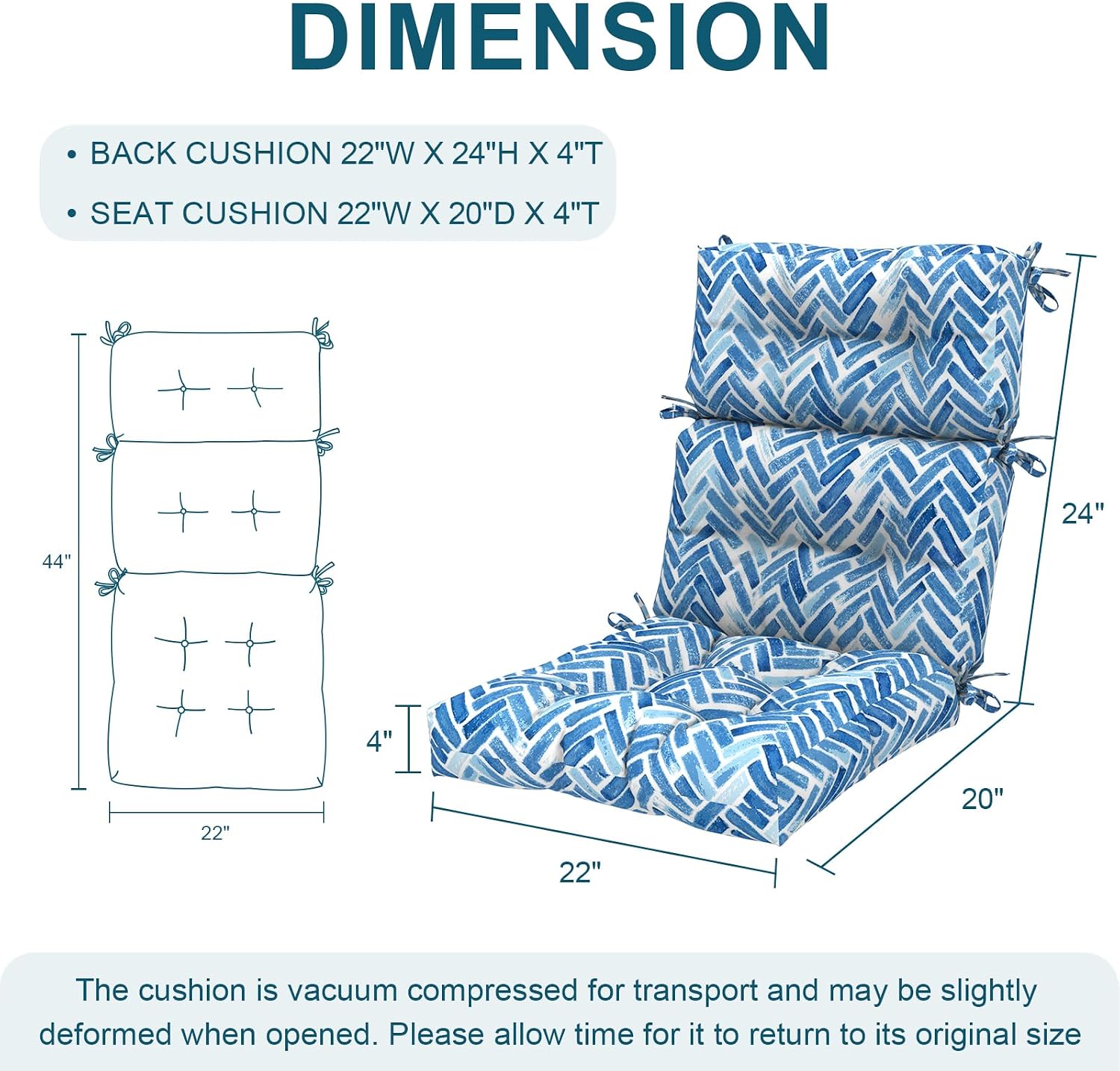 DYTXIII Outdoor High Back Chair Cushions Set of 2, Water Repellent Tufted Rocking Seat Cushions Replacement 44 x 22 Inch, Seat & Back Chair Pads for Patio, Balcony and Indoor Use -Blue Bricks