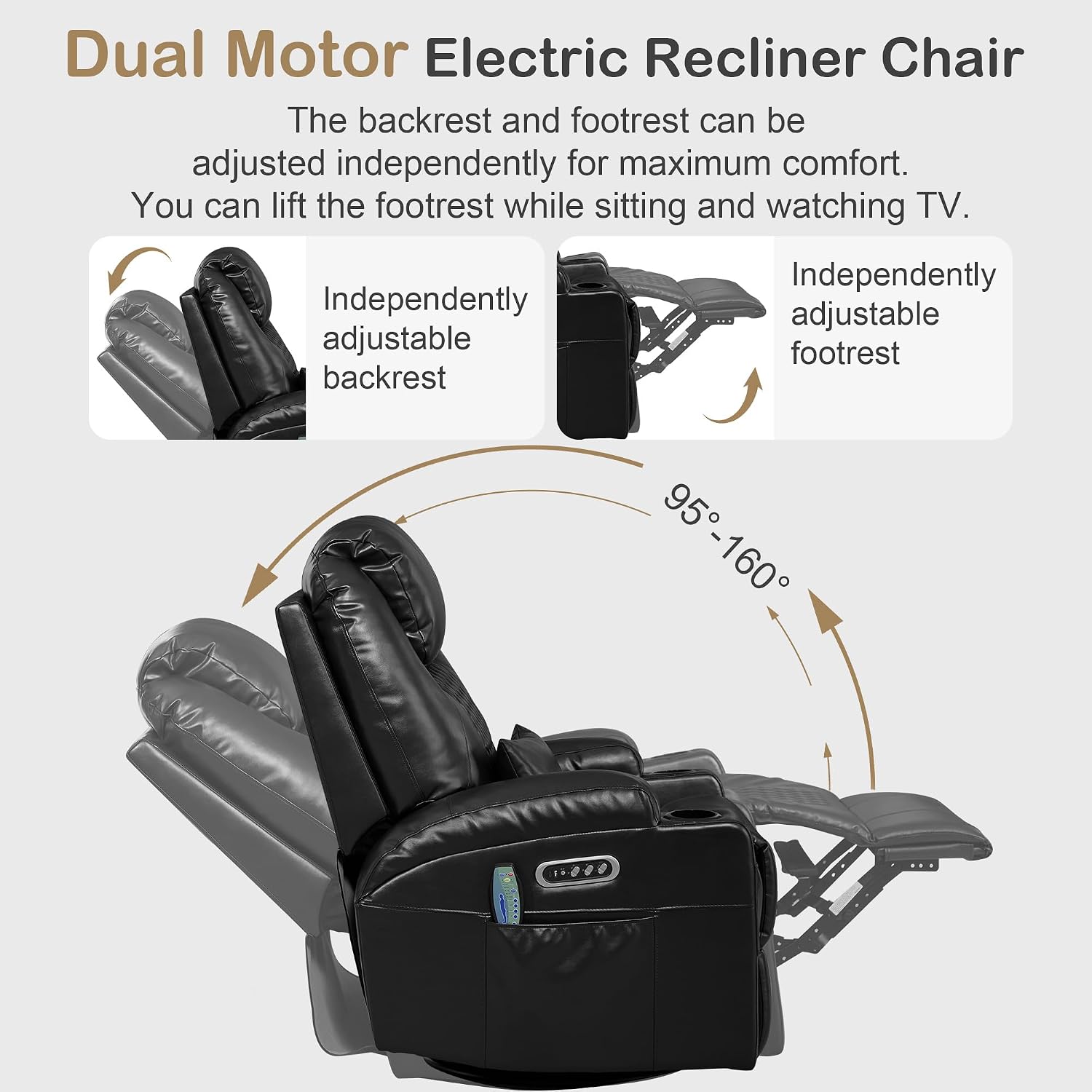 Power Swivel Rocker Recliner with Dual Motor, 240° Electric Glider Recliner with Heat & Massage, Rocking Chair Theater Seating with LED/Lumbar Pillow/USB Port/Cup Holders（Faux Leather Black, 1）