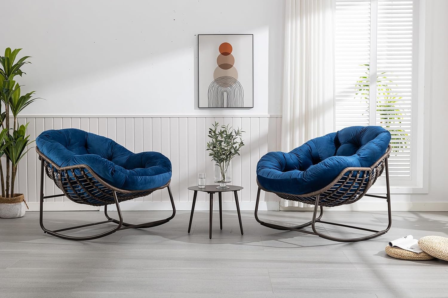 Deolme Large Papasan Rocking Chair with Cushion, Oversized Comfy Reading Chair Lounging Indoor Outdoor Rocker for Front Porch Backyard Bedroom Living Room Egg Chair Rattan (Blue Padded)