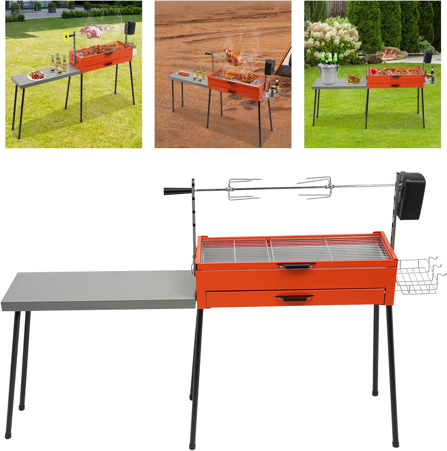 Camping Barbecue Grill with Detachable Table, Outdoor Grill 4 Adjustable Heights Automatic Rotation Suitable for Grilling Vegetables, Chicken Legs, Steak, Grilled Skewers, Etc.