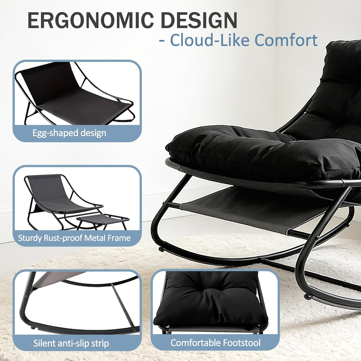 Oversized Papasan Rocker, Comfy Patio Rocking Chair, Outdoor Rocker Chair, Indoor Rocking Egg Chair with Cushion & Ottoman for Bedroom, Living Room, Front Porch (Black)