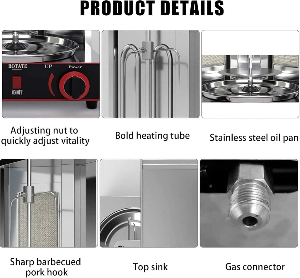 Gas Barbecue Grill, Stainless Steel Gas Kebab Grill Machine,Adjustable Temperature,360° Rotating Heating,Removable for Cleaning,for Restaurant Home Kitchen,Black-L