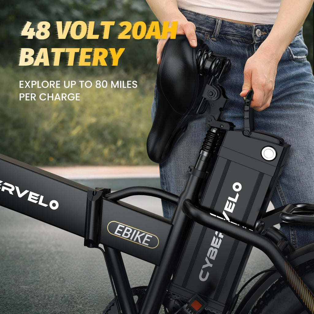 Cybervelo 750W Folding Electric Bike, 48V 20.8AH/50AH Large Removable Battery E-Bike, 80 Miles Max Range, 20' Fat Tire Electric Bike for Adults, Adult Electric Bicycles for Commute
