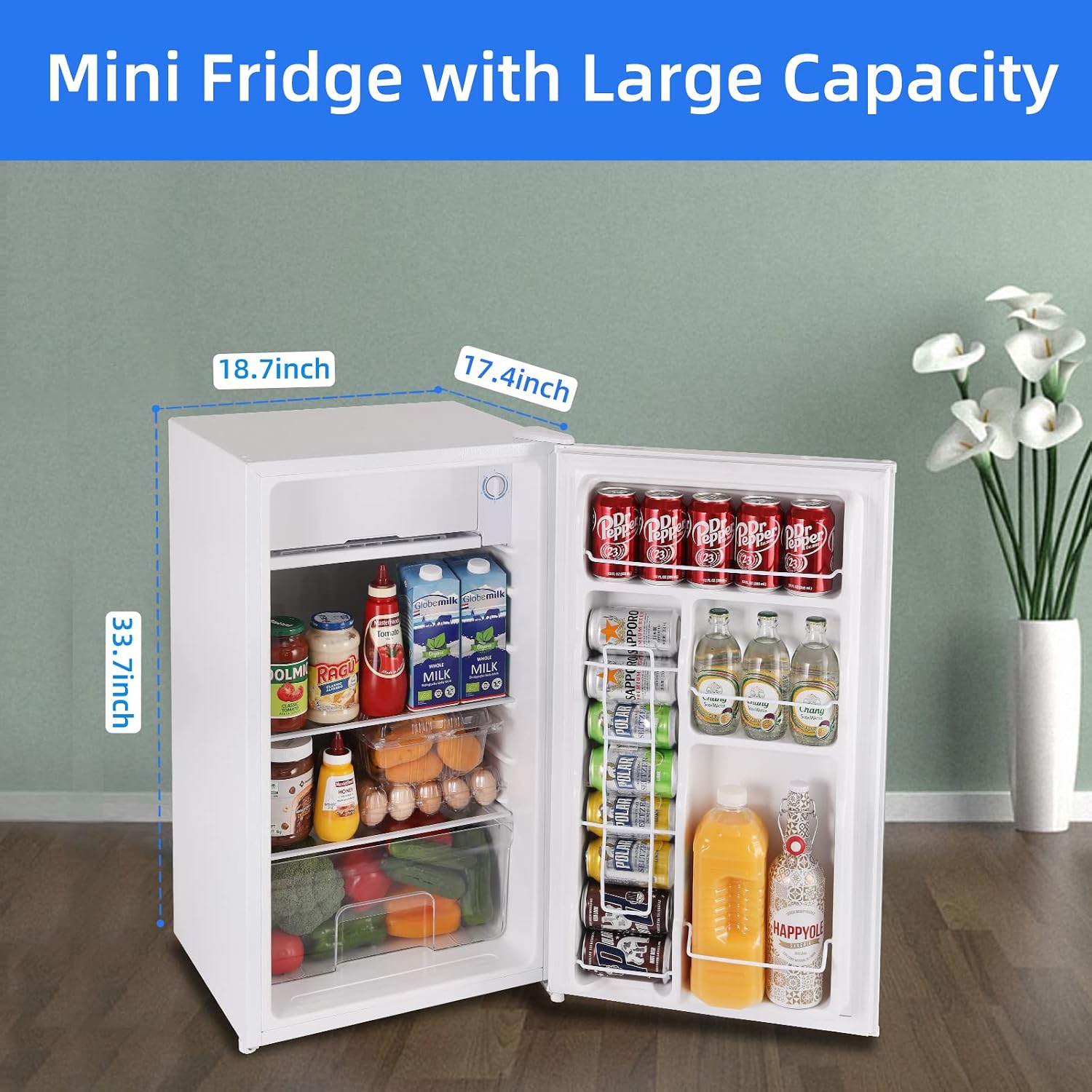 BANGSON Mini Fridge with Freezer, 3.2Cu.Ft, Single Door Small Refrigerator, Energy-Efficient, Low Noise, Small fridge for Bedroom Dorm and Office, White