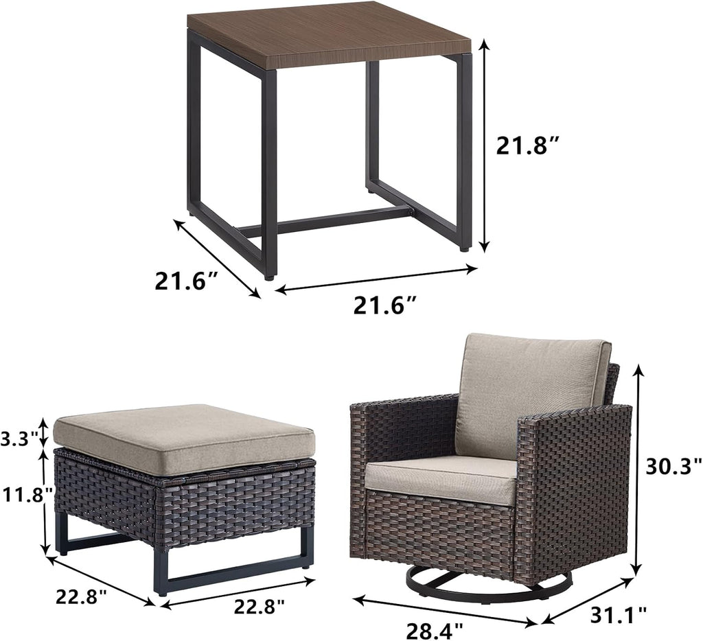 Luxury Wicker Outdoor Patio Furniture Set of 5 - 5 Piece Patio Conversation Set with 2 Swivel Rocker Chairs,2 Rattan Ottoman and 1 Metal Side Table for Outside Porch Deck Backyard Garden(Brown/Beige)