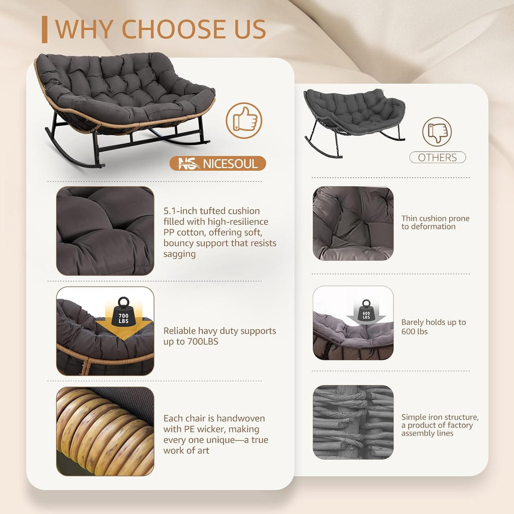 NICESOUL Oversized Double Rocking Papasan Chair with Cushion, 2 Person Big Wicker Outdoor Comfy Recliner, Large Heavy Duty 700 lbs Loveseat for Patio, Balcony, Backyard (Grey, 2 Seats w/Ottoman)
