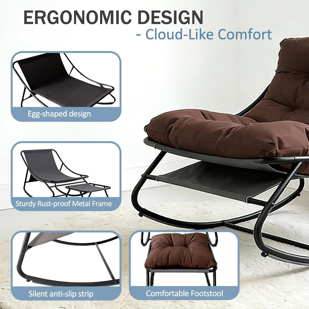 Oversized Papasan Rocker, Comfy Patio Rocking Chair, Outdoor Rocker Chair, Indoor Rocking Egg Chair with Cushion & Ottoman for Bedroom, Living Room, Front Porch (Brown)